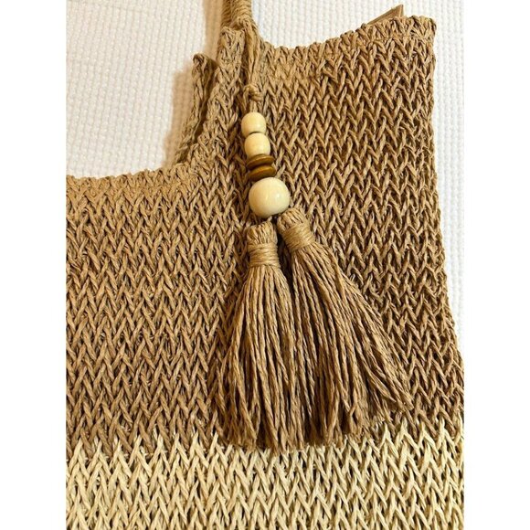 Handmade Woven Straw Tote Bag With Tassel & Inner Pockets Beige/Brown 15" x 14" - Picture 8 of 8